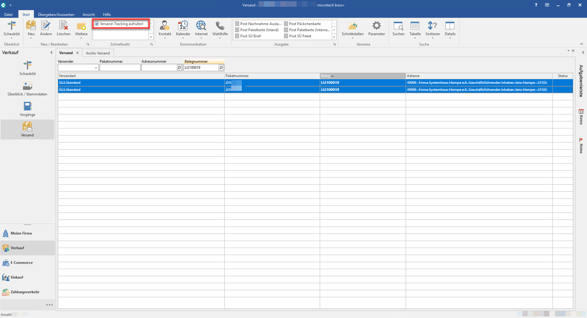 Screenshot der Trackingnummern Übersicht in microtech büro +